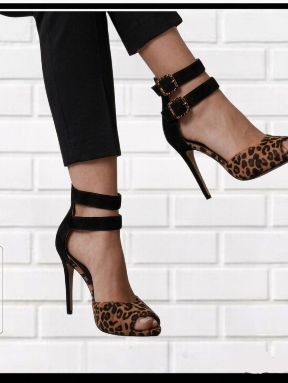 LILIANA Leopard & Black Buckle Ankle Strap Peep-Toe Stiletto Heels (Size 7.5)
